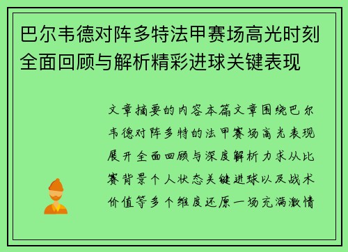巴尔韦德对阵多特法甲赛场高光时刻全面回顾与解析精彩进球关键表现